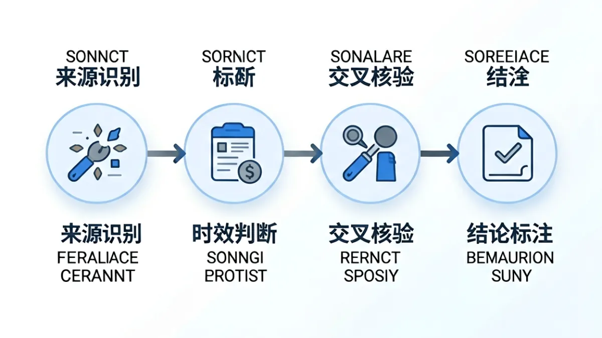 信息可信度判断流程图示，展示从来源核查到时效确认的多个判断节点