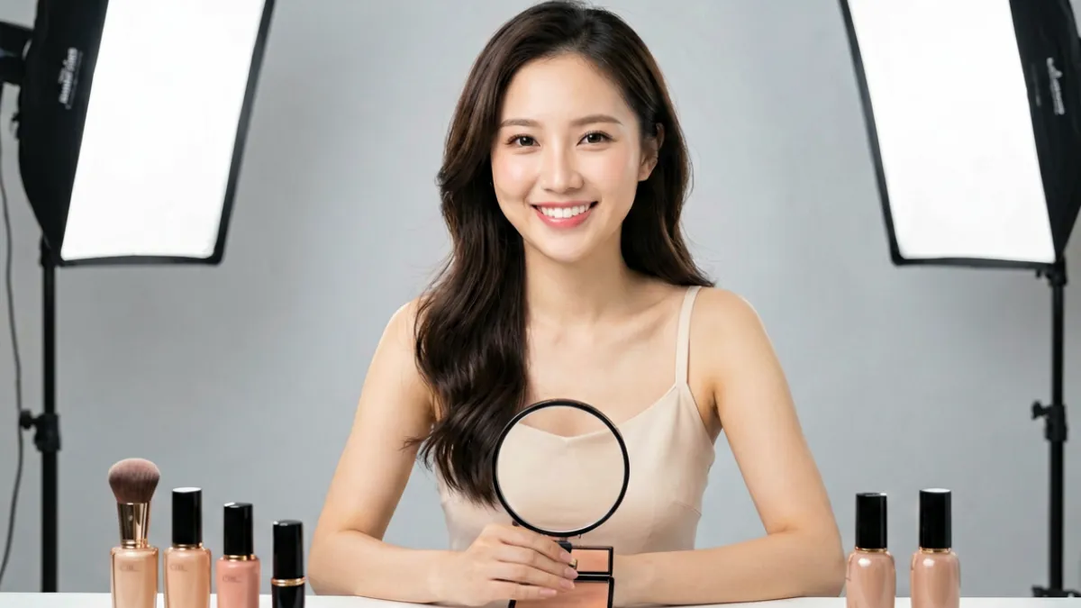 白咲碧担任美妆品牌大使的广告片拍摄现场，身着品牌服装在灯光棚内展示产品