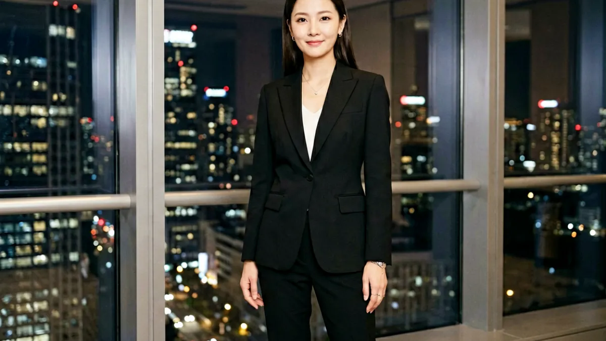 白咲碧在都市风格高楼夜景布景前出镜，展现成熟都会女性气质